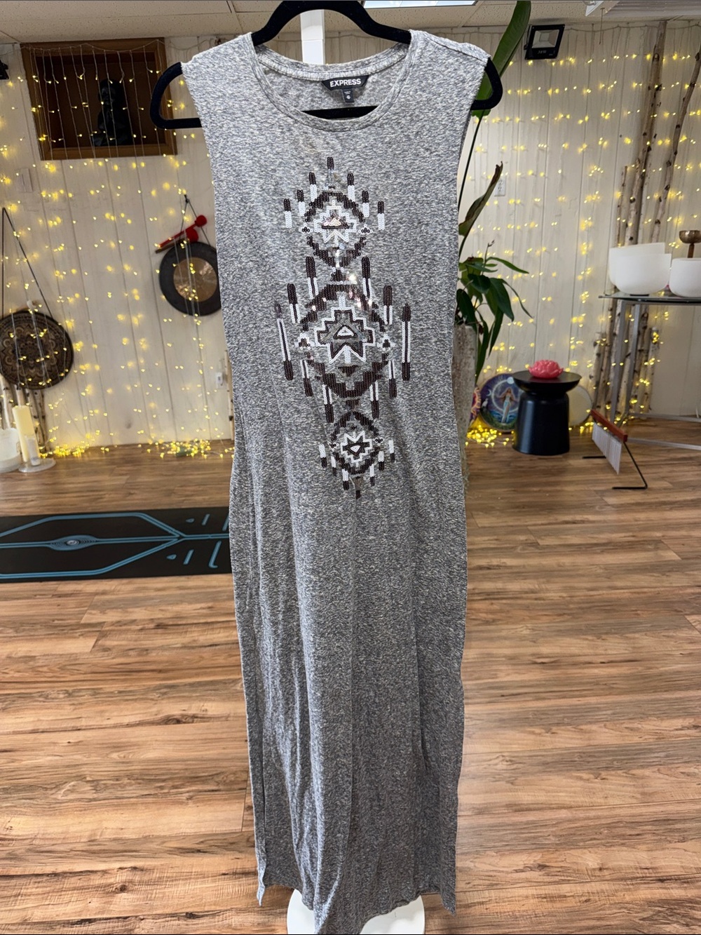 Express Gray Sleeveless Maxi Dress with Slit on sides Geometric Aztec Motif
